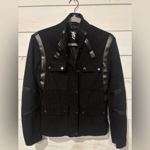 Black Utility Jacket with Military-Inspired Design in size small